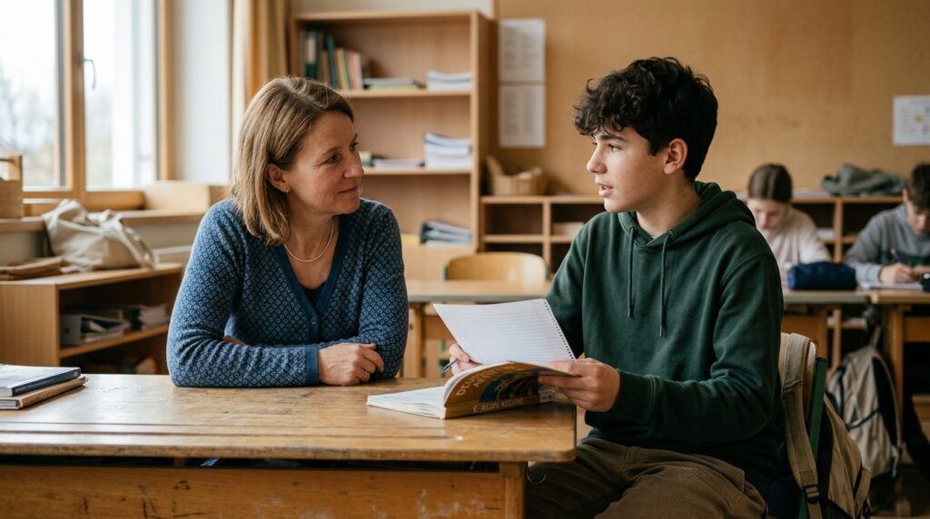 Lehrperson und Schüler:in im respektvollen Gespräch in einem Klassenzimmer, symbolisch für pädagogische Empathie.