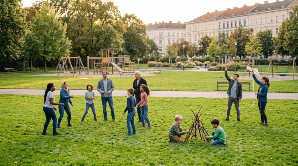 Junge Erwachsene und Kinder spielen auf einer sauberen Parkwiese, im Hintergrund gepflegter Spielplatz ohne Abfälle