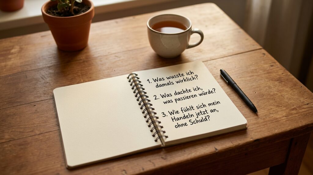 Ein Notizbuch auf einem ruhigen Schreibtisch mit drei handschriftlichen Fragen, ein Stift und eine Tasse daneben.
