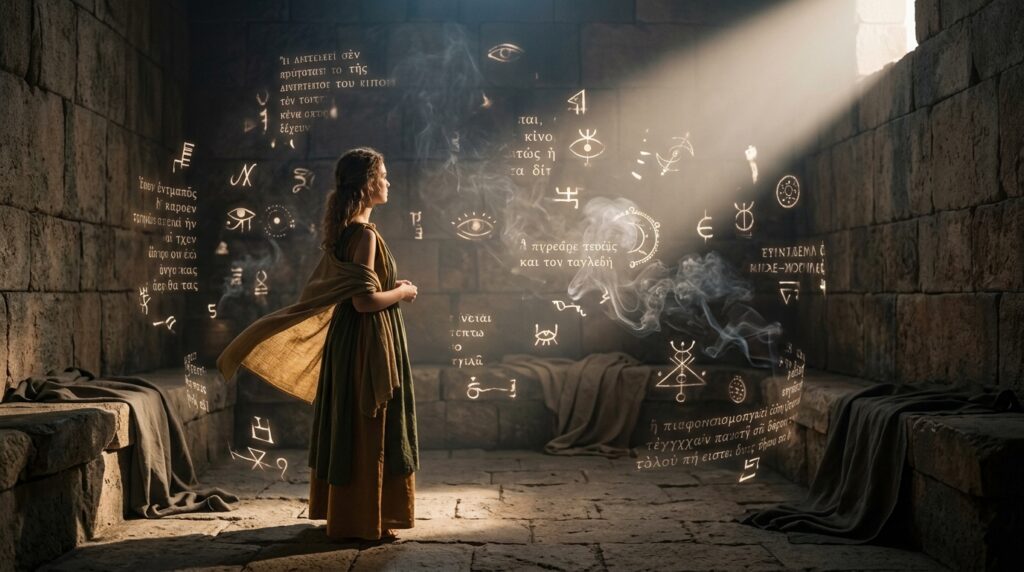 Halbabstrakte Orakelkammer mit Schattenfigur, Symbolen und weichem Licht.