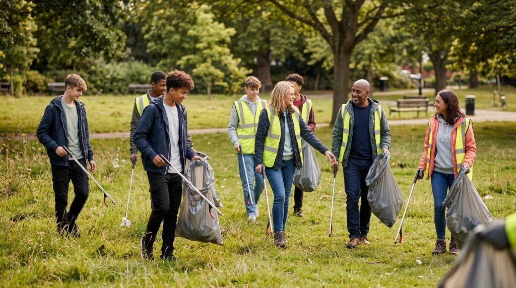 Freiwillige unterschiedlichen Alters bei Clean-up-Aktion in einem Park mit Müllzangen und Säcken