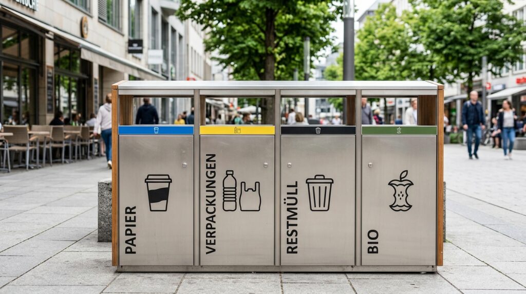 Beschriftete Mülltrennstation im öffentlichen Raum mit urbanem Hintergrund