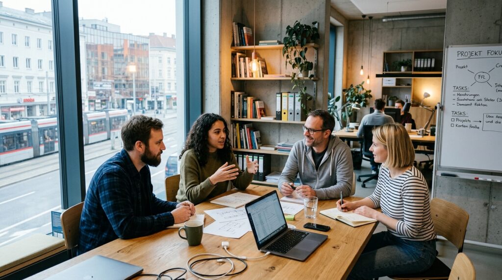 Kleines Team im ruhigen Austausch am Tisch, als Symbol für psychologische Sicherheit und Kooperation.