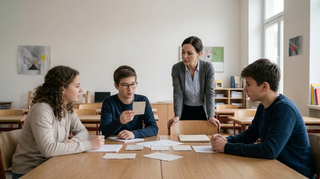 Jugendliche und eine Lehrperson denken gemeinsam in einem hellen Klassenraum über eine offene Frage nach