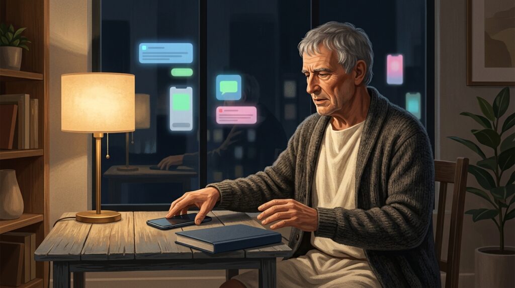 Helles Smartphone-Leuchten in einer ruhigen Wohnung, daneben Notizbuch und Tee.