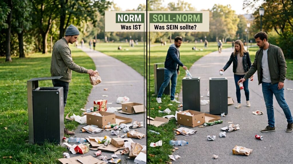 Geteiltes Bild: sauberer Parkweg mit Person beim Müllentsorgen links, vermüllter Weg mit mehreren Personen beim Wegwerfen rechts