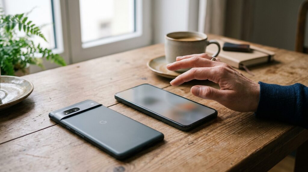 Zwei Smartphones auf einem Tisch, wobei eine Hand vor der Veröffentlichung innehält – Symbol für Privatsphäre und digitale Verantwortung.