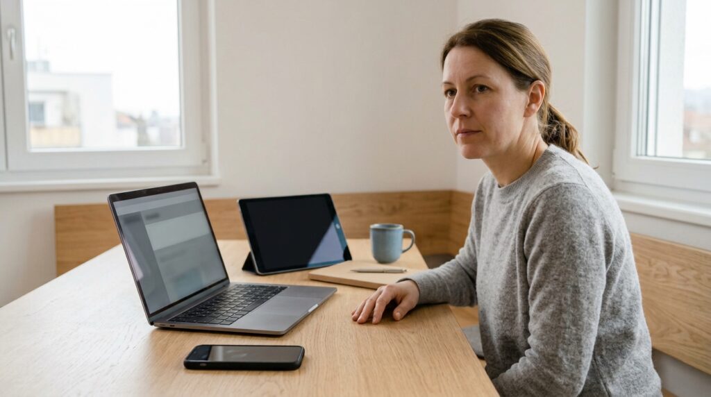 Person sitzt vor mehreren digitalen Geräten und hält inne, während die Bildschirme bewusst unscharf bleiben.