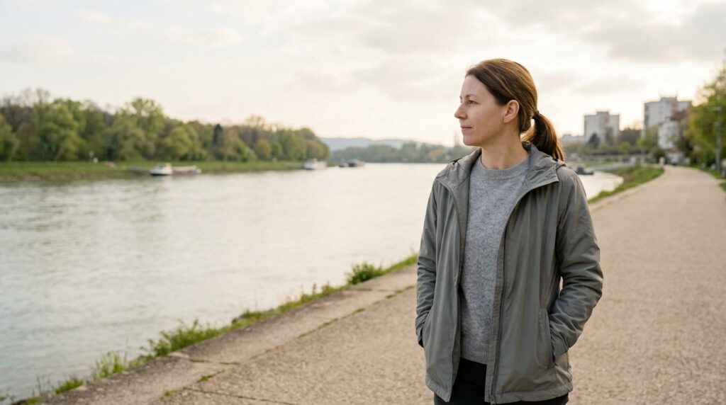 Person geht ohne Smartphone und Kopfhörer an der Donau in Linz spazieren.