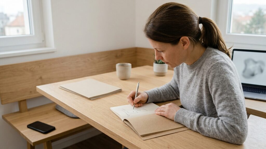 Person arbeitet konzentriert an einem aufgeräumten Schreibtisch mit dem Smartphone außerhalb der direkten Reichweite.