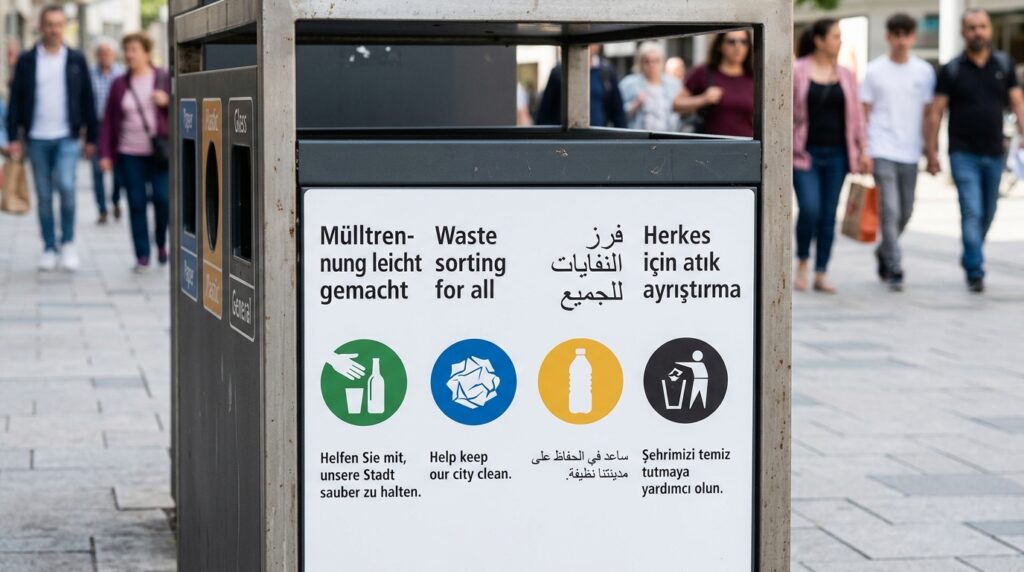 Mehrsprachiges Hinweisschild an einem Mülleimer mit Piktogrammen, im Hintergrund Menschen unterschiedlicher Herkunft