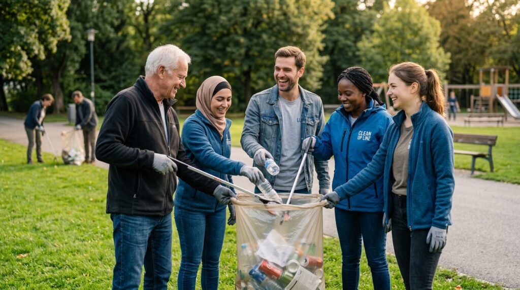 Freiwillige unterschiedlichen Alters bei Clean-up-Aktion mit Müllzangen und Säcken in einem Park
