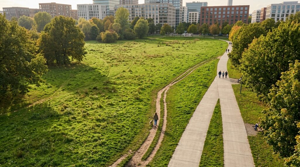 Zwei Wege im Kontrast: ein geplanter Gehweg und eine von Menschen genutzte Abkürzung über eine Grünfläche.