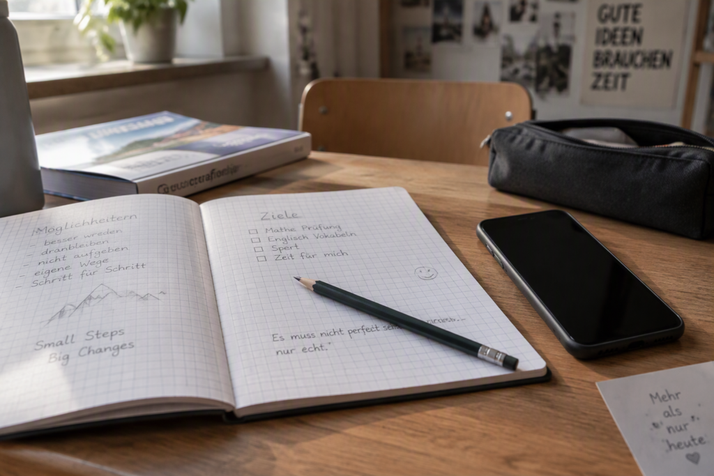 Schultisch mit Heft, Stift und abgedunkeltem Smartphone im Klassenraum.