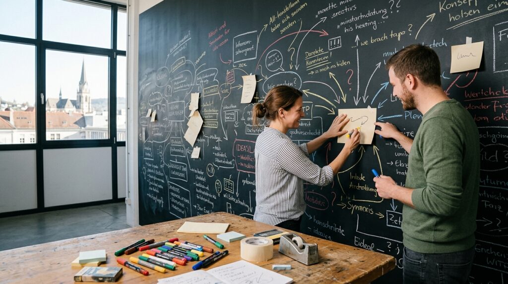 Zwei Personen ergänzen eine Papierwand mit handschriftlichen Ideen, Skizzen und Fragezeichen.