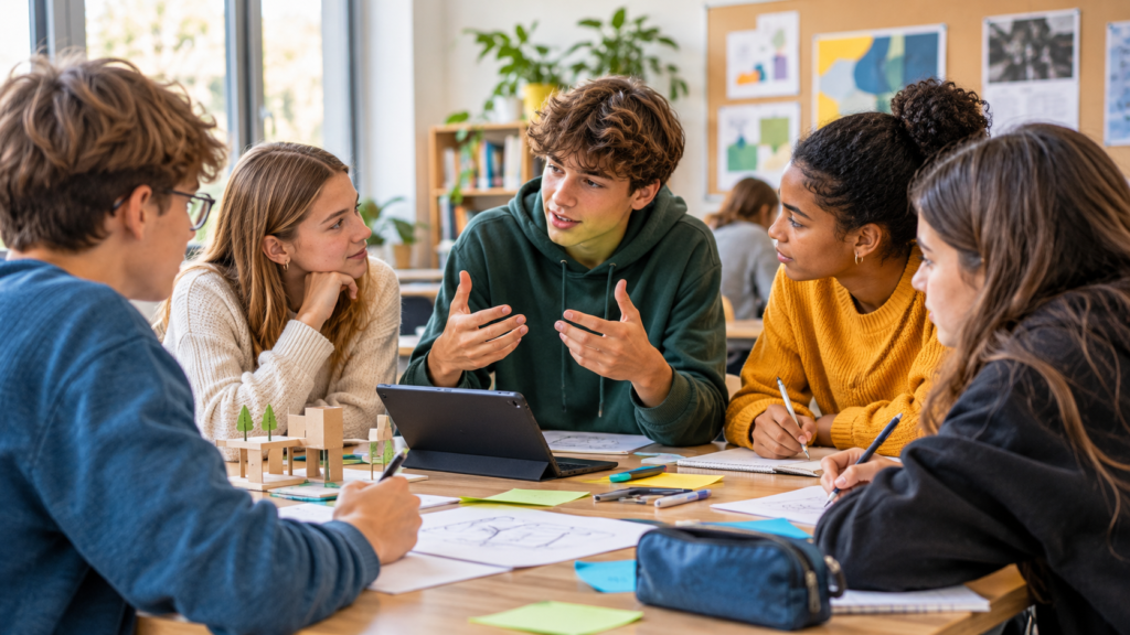 Schülerinnen und Schüler arbeiten gemeinsam an einem Schulprojekt mit analogen Materialien und einem Tablet.